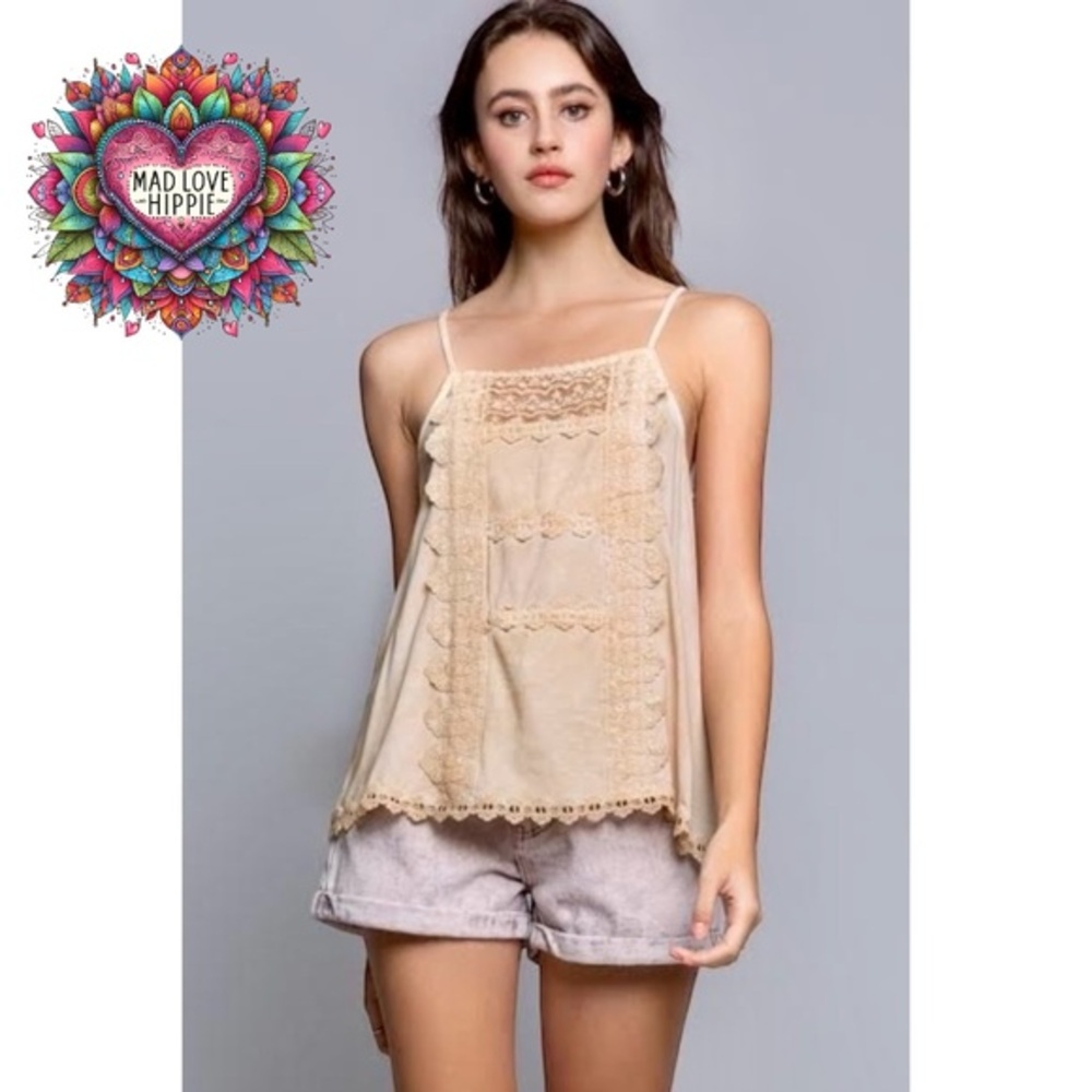 POL Golden Sand Lace Detail Spaghetti Strap Rayon Cami Top - Picture 1 of 6